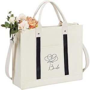Canvas Bride Tote Bag Bridesmaid Tote Bags With Pockets Zippers, Cute Tote Bags